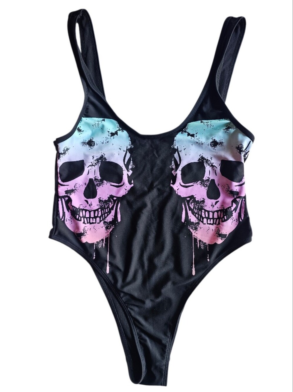 Black One-Piece Swimsuit with Pink & Blue Skull Print